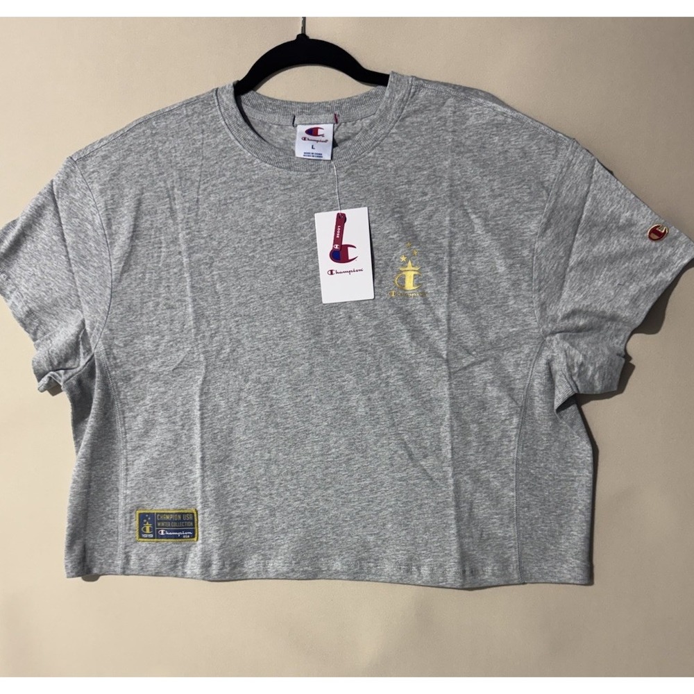 Champion USA Cropped T Shirt Womens Large Gray Graphic Logo NWT